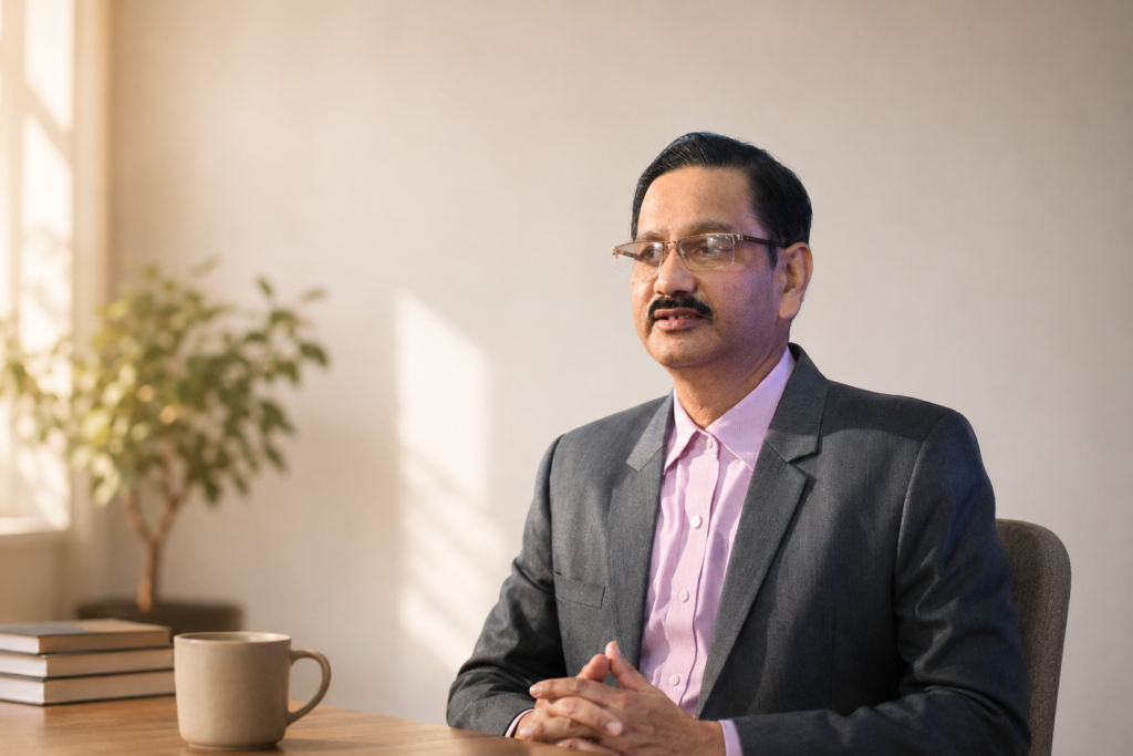 Calm portrait of Aditya Kumar seated near soft natural light in a minimalist reflective environment.