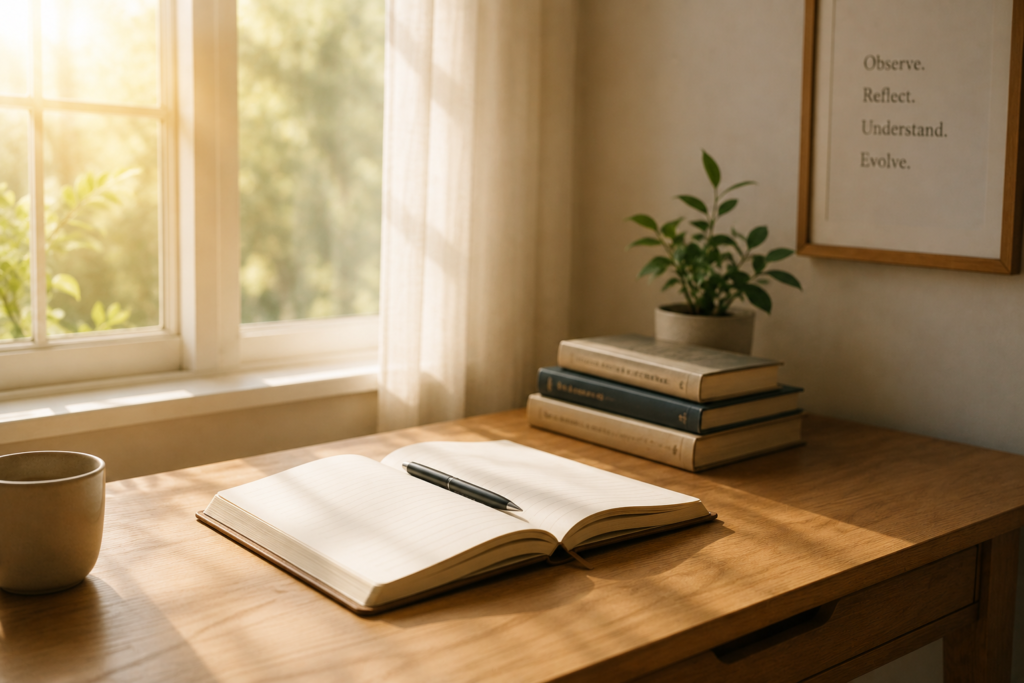 Open notebook beside a softly lit window during sunrise