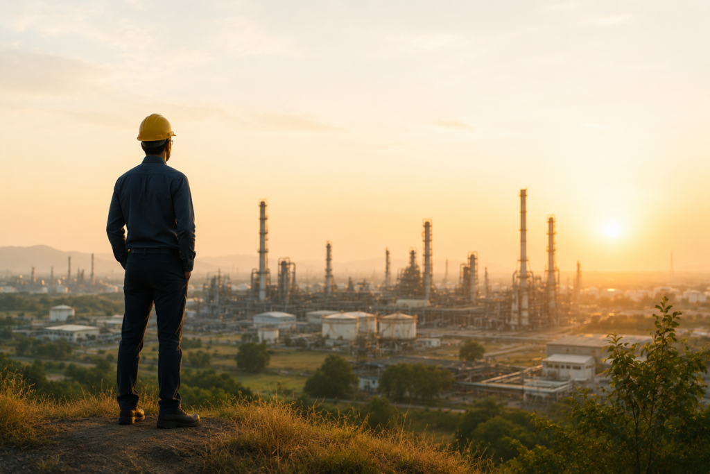 Solitary figure overlooking an industrial landscape at sunrise