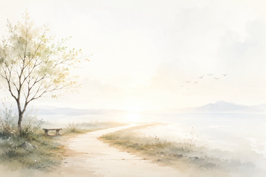 A peaceful light-filled landscape with a winding path leading toward a distant horizon, inviting reflection, curiosity, and a sense of quiet arrival.