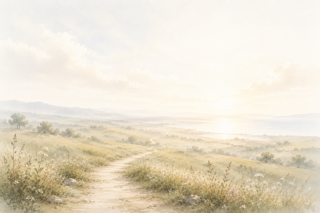 A peaceful landscape with a winding path crossing sunlit fields toward a bright horizon, where the distance gradually disappears into soft light.