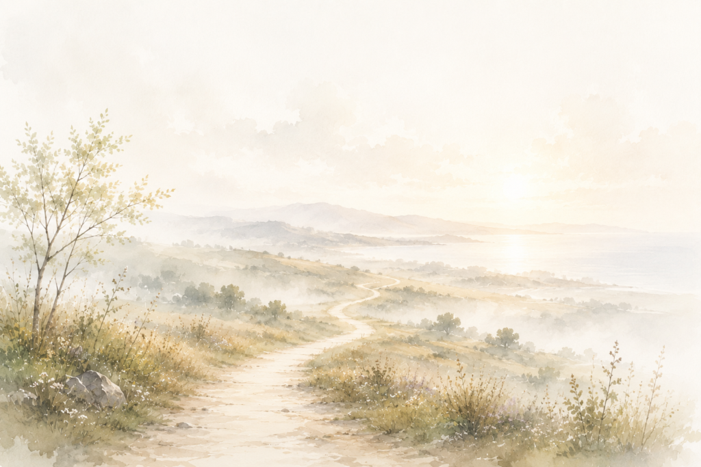 A light-filled landscape with a winding path leading through soft mist toward a gradually emerging horizon and distant hills.
