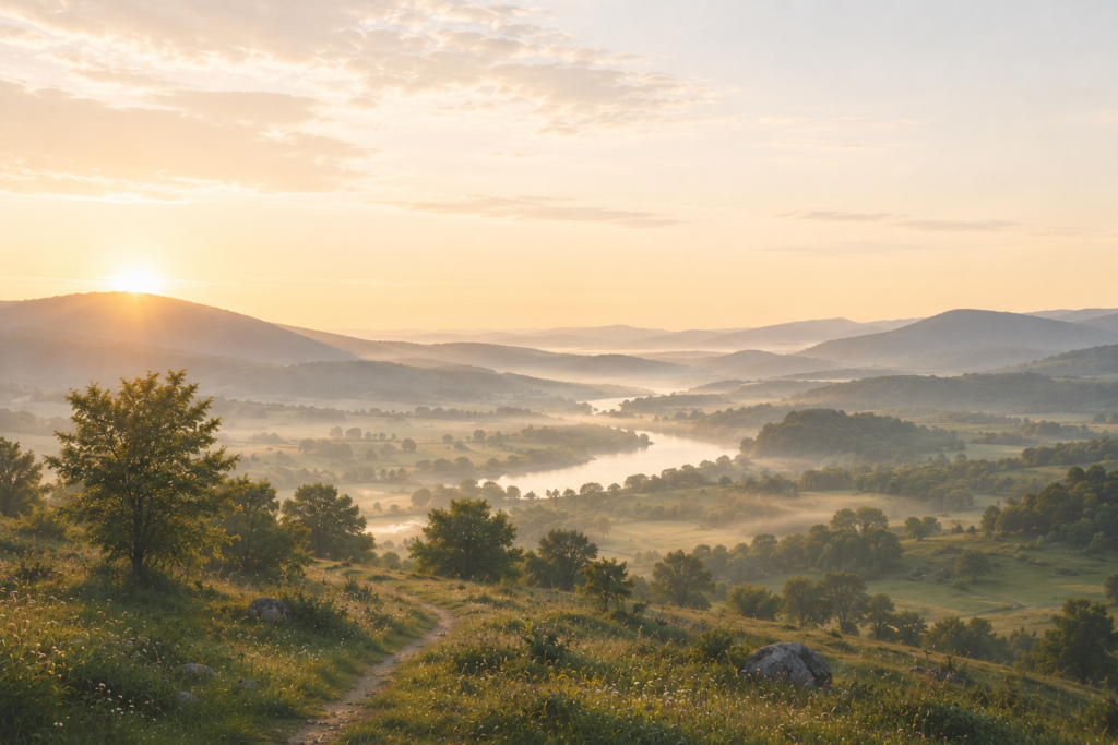 Soft morning light gradually illuminating a peaceful landscape, revealing gentle details across hills and valleys, symbolizing understanding, reflection, and emerging clarity.