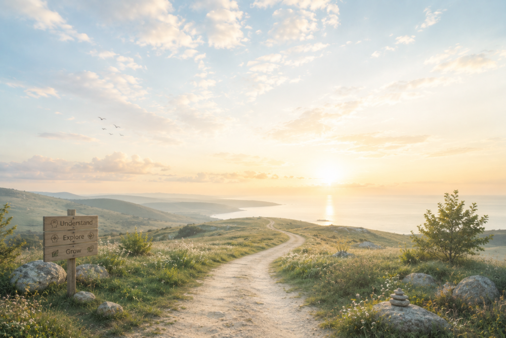 A winding pathway leading through a peaceful landscape toward a softly lit horizon, suggesting reflection, discovery, and continued exploration.