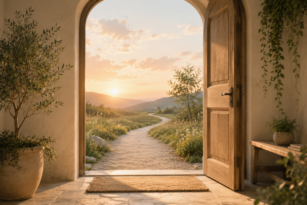 An open doorway illuminated by soft evening light, looking out onto a winding path through a peaceful landscape, symbolizing continuity, reflection, and ongoing exploration.