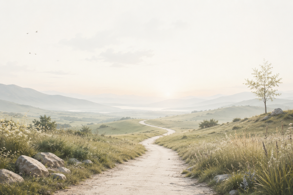 A quiet winding path stretching through a peaceful open landscape beneath a soft horizon, symbolizing exploration, curiosity, and the beginning of a reflective journey.
