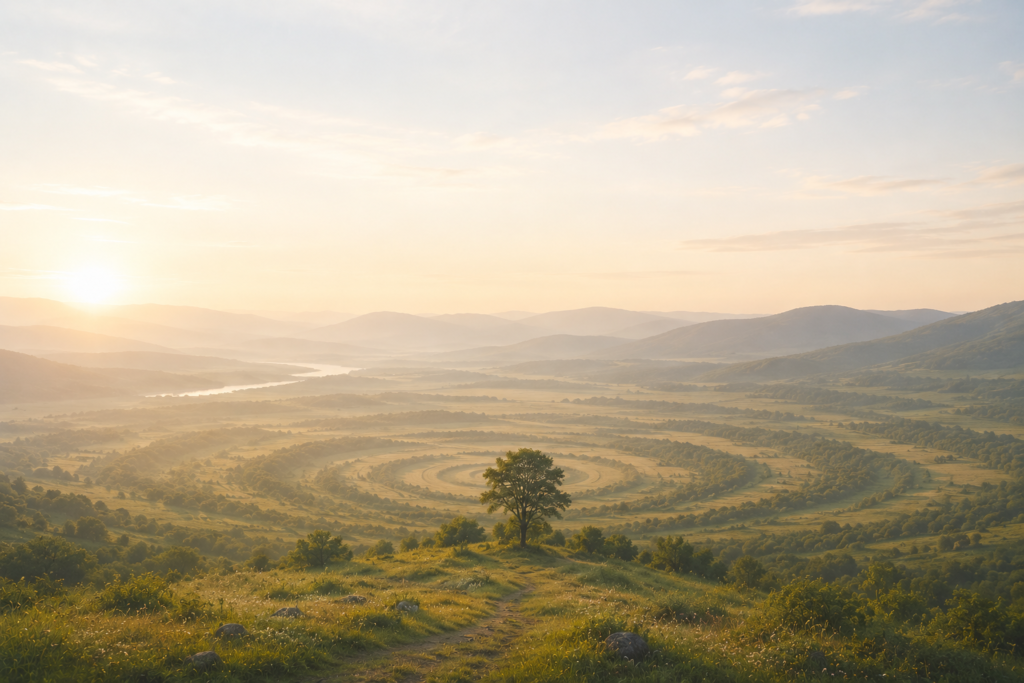 A serene landscape at dawn featuring a lone tree surrounded by subtle concentric patterns unfolding across the valley, symbolizing how understanding, growth, and meaning emerge from human experience.