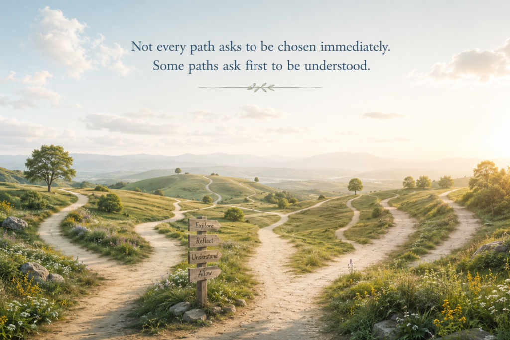 A wide landscape with multiple pathways winding through gentle hills toward distant horizons beneath an open sky. A small signpost stands at the crossroads, symbolizing exploration, reflection, understanding, and possibility.