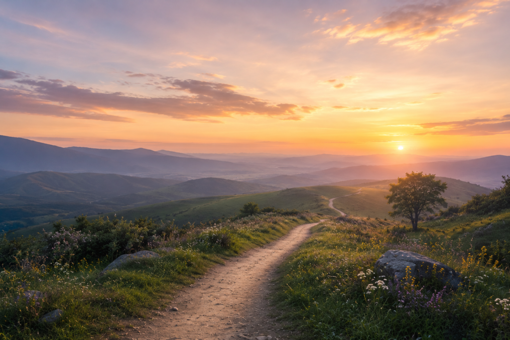 A winding path travels through rolling hills toward a quiet horizon glowing with soft evening light. The landscape stretches into the distance beneath a spacious sky, suggesting continuity, reflection, and ongoing exploration.