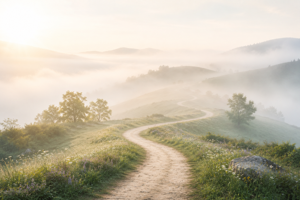 A winding trail curves through a peaceful landscape and gradually disappears into soft morning mist beneath a bright, open sky, suggesting reflection, patience, and continuing exploration.