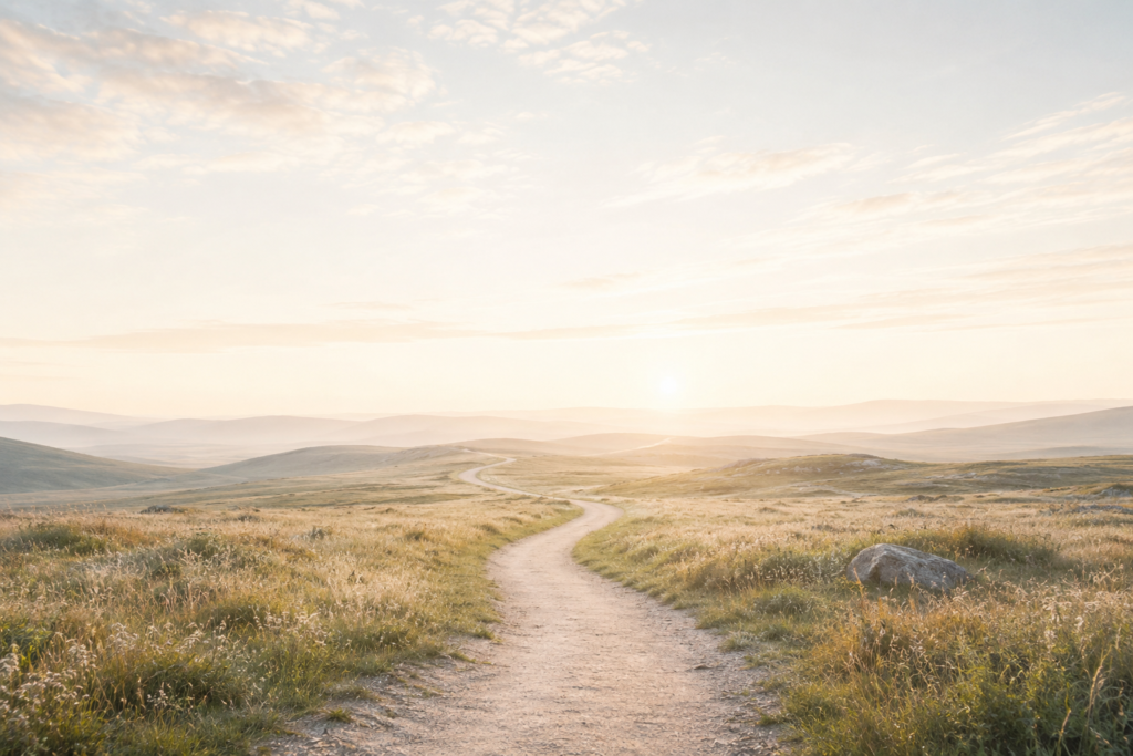 A solitary winding path crossing an open landscape beneath a soft horizon and gentle morning light.