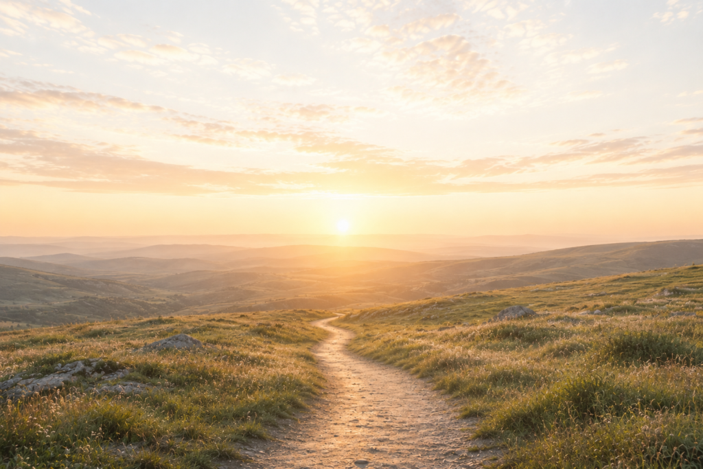 A sunlit path leading toward an open horizon at sunrise across a peaceful landscape.