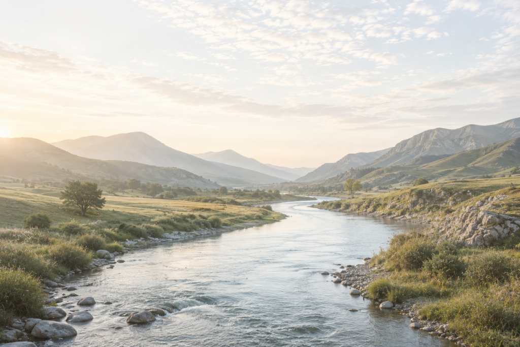 A calm river flowing through varied natural terrain beneath a soft sky and gentle light.