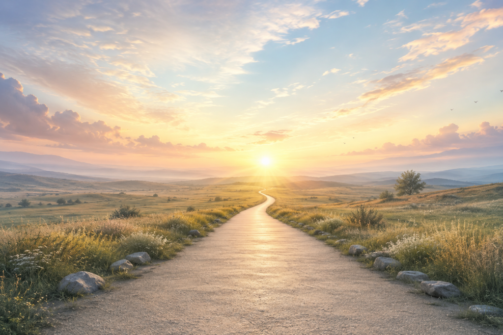 A wide pathway stretching toward a distant horizon beneath a changing sky, symbolizing life's ongoing journey, reflection, and emerging understanding.