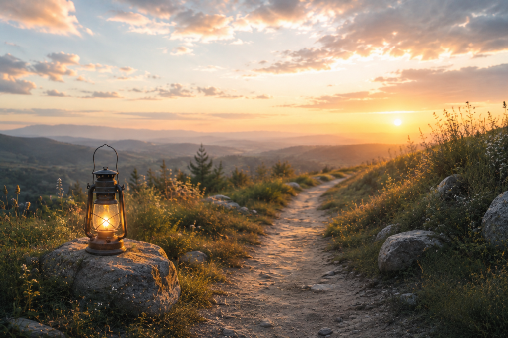 A softly glowing lantern beside a winding path that continues into the distance beneath a warm evening sky, symbolizing guidance, continuity, and the ongoing journey of life.