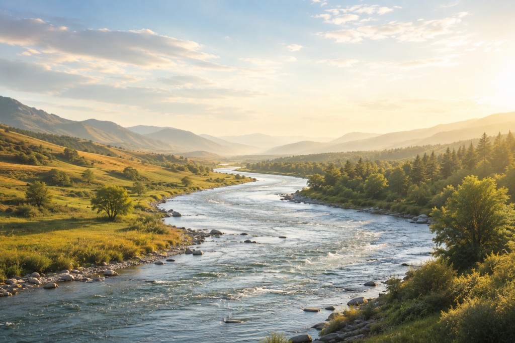 A gentle river flowing through changing landscapes beneath a luminous sky, symbolizing continuity, growth, and life's ongoing journey.