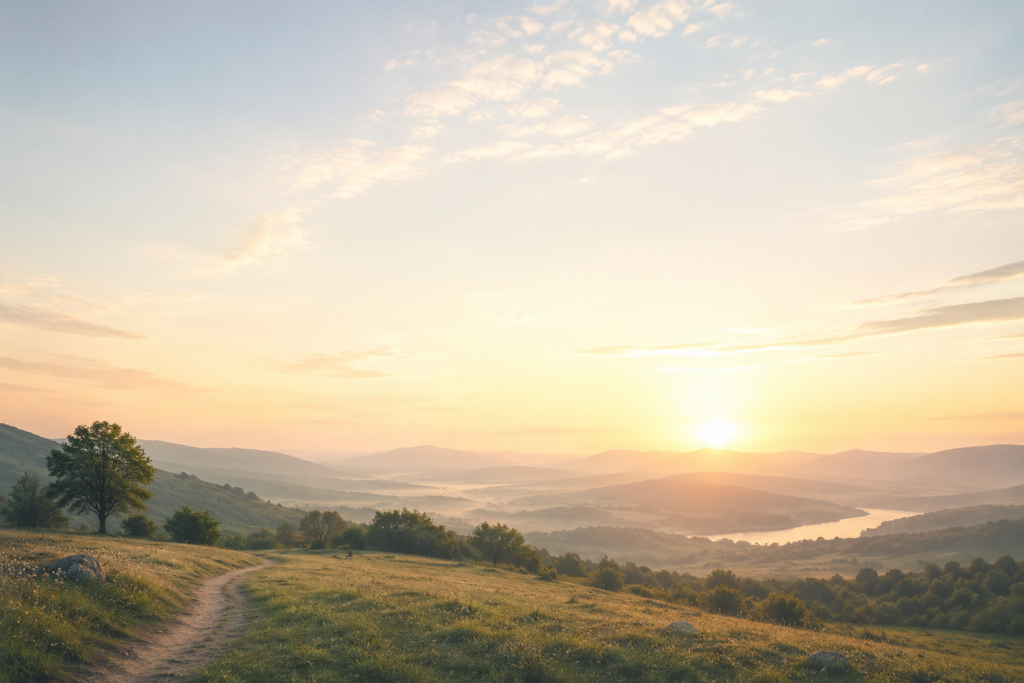 A peaceful dawn landscape with gentle sunlight emerging across rolling hills, an open horizon, and a winding path through the countryside, creating a sense of reflection, possibility, and quiet exploration.
