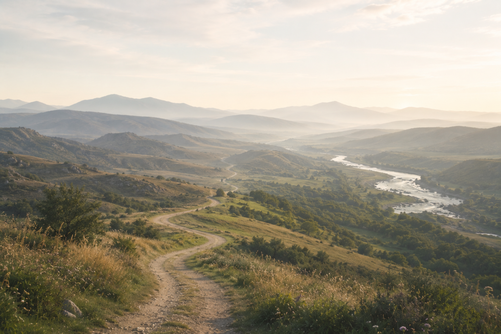 A winding path and flowing river passing through rolling hills and changing landscapes at dawn, symbolizing life's evolving journey, reflection, growth, and unfolding possibilities.
