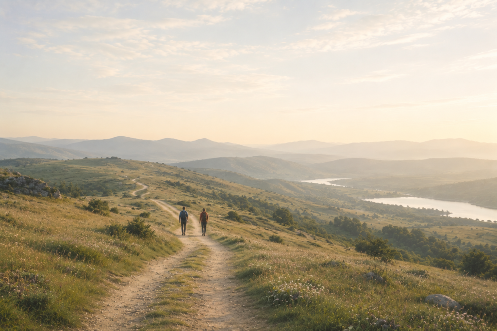 Two people walking together on a quiet trail through an open landscape, symbolizing companionship, reflection, personal growth, and shared journeys through life.
